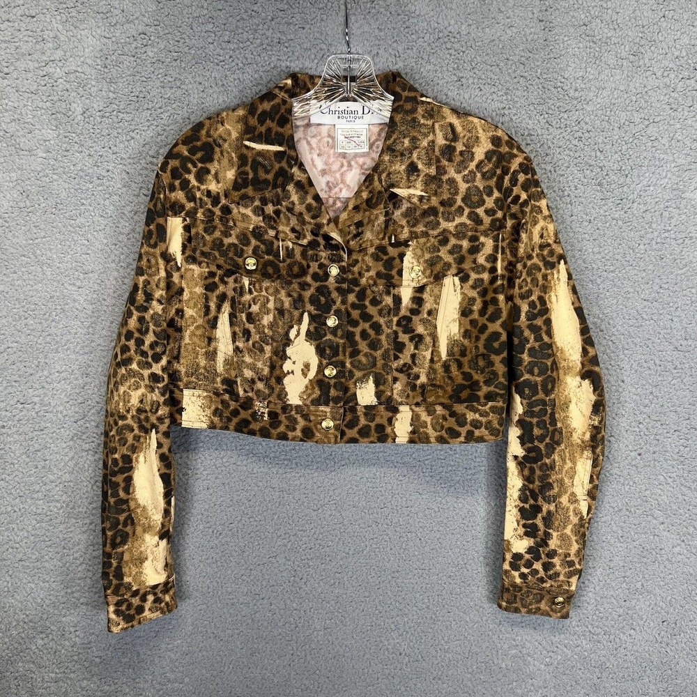 Vintage Christian Dior Jacket Womens 8 Brown Denim Leopard Galliano Cropped